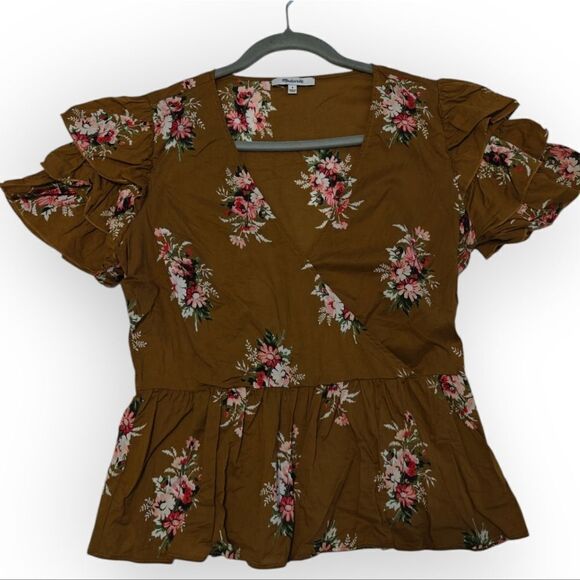 Madewell Cotton Floral Ruffle Sleeve Wrap Top - Brown size 4 - Picture 2 of 7
